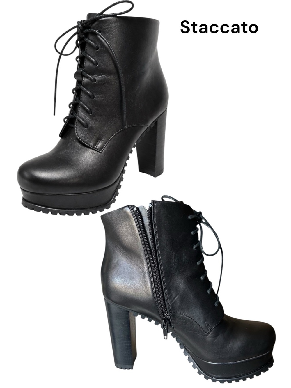 STACCOTO Black Leather Lace-Up “Platform” Lug Sole Ankle Boots - 4” Heel